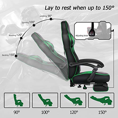 ELECWISH Racing Video Gaming Chair High Back Large Size Ergonomic Adjustable Swivel Reclining Executive Computer Chair with Headrest and Lumbar Support PU Leather Executive Office Chair Green - Thumbnail 2