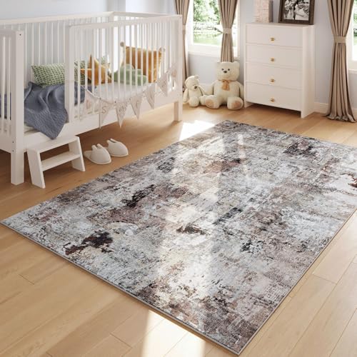 Modern Abstract 5'x7' Area Rugs - Machine Washable, Non-Slip Low Pile Boho Carpet for Living Room, Bedroom, Dining Room, Farmhouse, Kids Playroom, Office - Brown