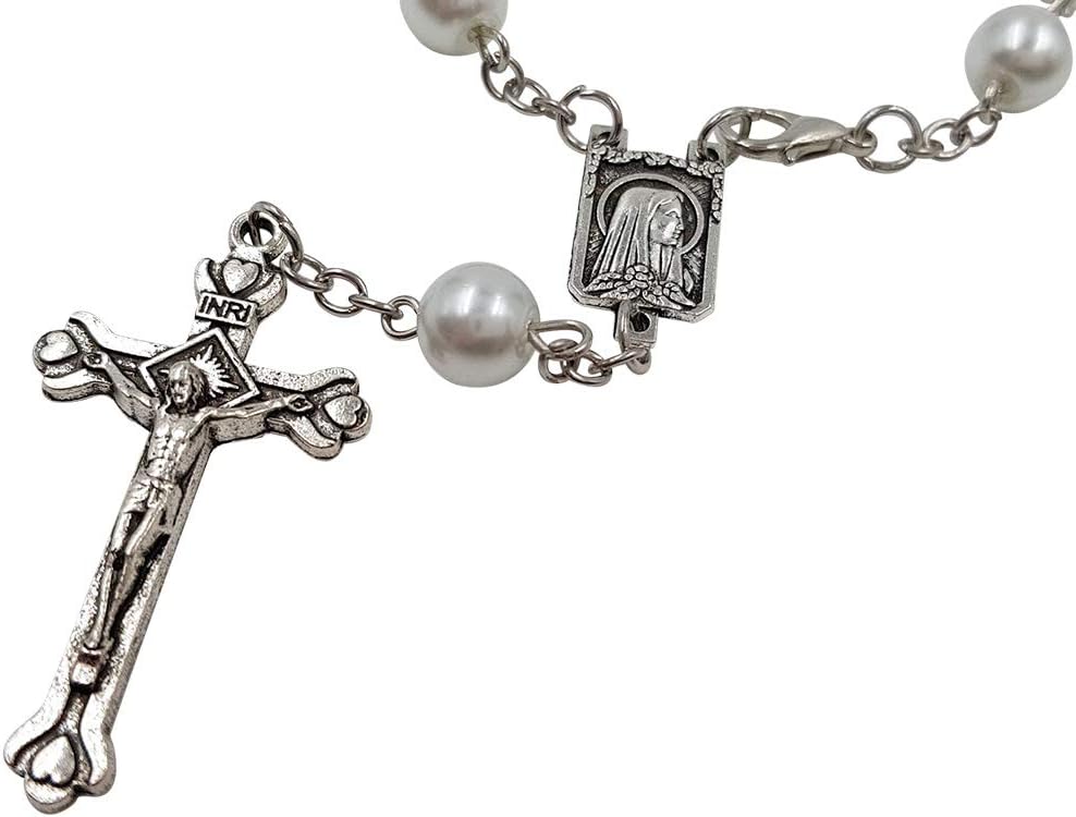 Treasure4U-Store One Decade Auto Rosary for Rearview Mirror White Pearl Glass Beads Catholic Bracelet Our Lady of Lourdes Centerpiece Religious Gift Car Truck Travel Protection - Image 6