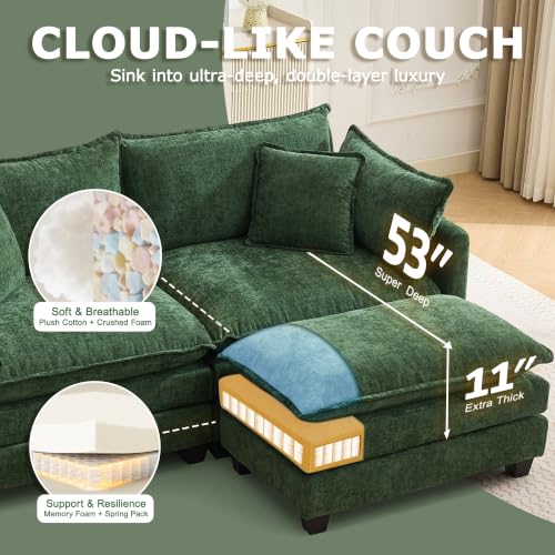 Image of 78 inch Modular Sectional Sofa, L Shaped Cloud Couch with Ottoman | Comfy Chenille Deep Seat Sofa with Throw Pillows, 3 Seat Modern Couches for Living Room Bedroom Apartment, Green, 78 inch L