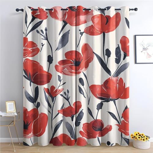 Rideau Occultant Imprimé Rouge Rideaux Salon D'ExtéRieur Voilages Chambre Coquelicot Lot de 2 Rideaux et Draperies IntéRieurs à Oeillet 140x200 cm (L x H)