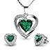 DEPHINI - Parure collana e orecchini a cuore verde - argento Sterling 925 - orecchini con cristallo e pietra portafortuna - Set di gioielli da donna - zirconia cubica