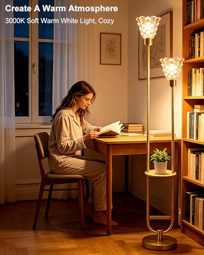 Image of Lightdot 2-Lights Modern Glass Floor Lamp with Shelf Gold Standing Tall Lamps with Amber Shell Glass Shade,LED Floor Lamp with Foot Switch for Living Room Bedroom Home Decor (3000K Bulbs Included)