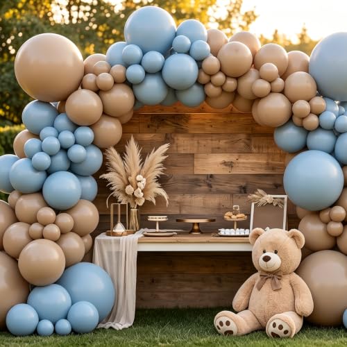 Image of 130pcs 18 /12 /10 /5 Inch Dusty Blue and Khaki Balloon Garland Arch Kit | Assorted Balloons for Boho Bear Boy Baby Shower, Neutral Woodland Birthday, Rustic Wedding Party Decorations