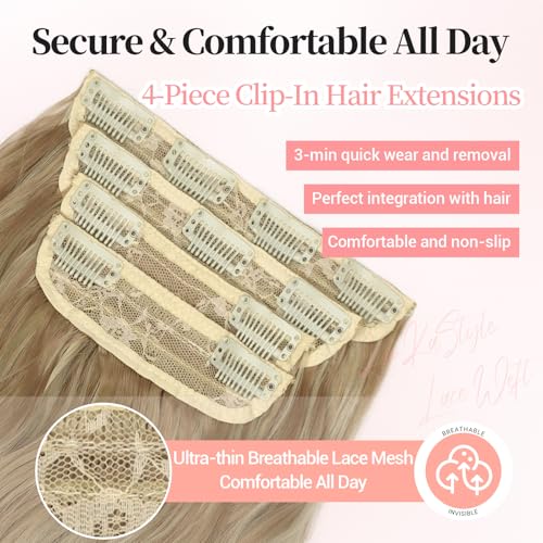 Image of Wavy Thick Hair Extensions 20 inch Dark Ash Blonde Mixed Blonde | 4 Pieces Clip in Extensions,Fiber Double Weft Hairpieces,Natural Volume,Beach Wave Long Synthetic Hairpieces for Women