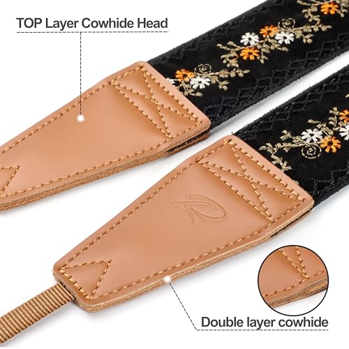 Image of Padwa Lifestyle Camera Strap - 2 inch Full Grain Leather Ends Camera Straps for Photographers, Vintage Embroidered Cotton Weave Soft Suede Fabric Padded Strap Quick Release fits All Cameras