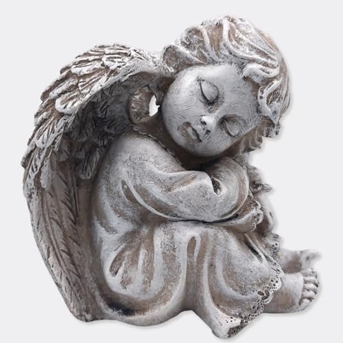 Logbuch-Verlag Sitzender Engel Grau H11,5 cm – Grabengel Figur nachdenklich mit Flügeln, wetterfest aus Polyresin als Gedenk-Deko oder Trostspender