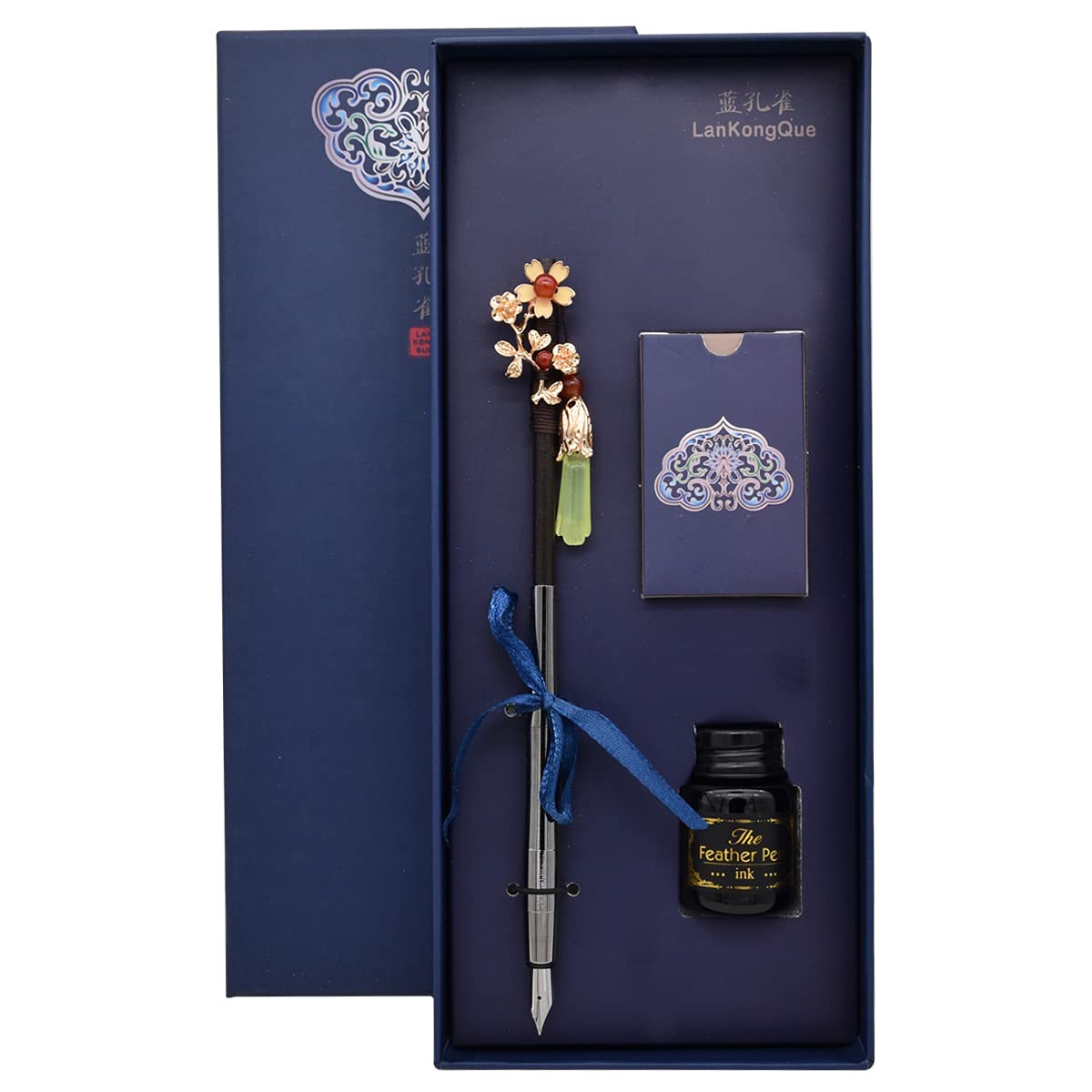 SIPLIV - Set di penne stilografiche cinesi, stile retrò, con convertitore di inchiostro, inchiostro nero e cartuccia di inchiostro a 5 colori, confezione regalo verde, fiori bianchi