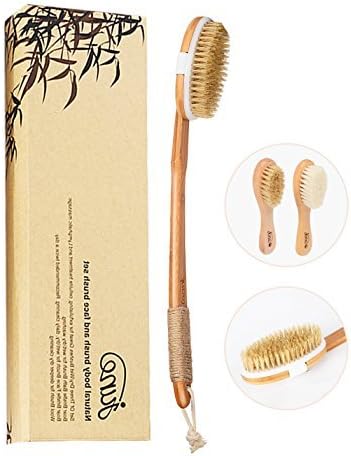 Natural Boar Bristle Body Brush and Soft Wool and Boar Bristle Face Brush Set for Wet/Dry Bath Brushing Shower, Washing, Excellent for Skin Exfoliating, Cellulite Treatment and Lymphatic Massage.