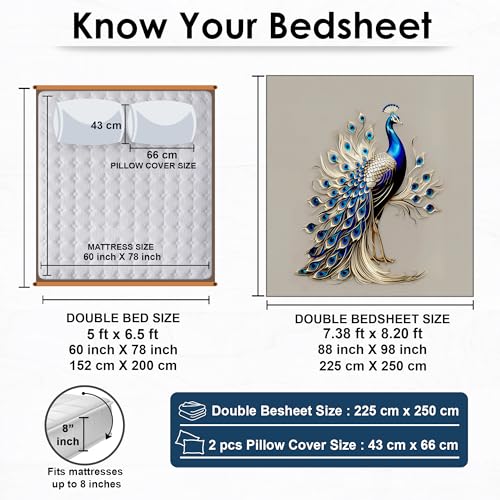 Image of 240 TC Cotton Double Bedsheet for King Bed (225x250 Cm) | 7D Digital Printed Double Bedsheet with 2 Pillow Covers | Soft, Wrinkle Packaging - Peacock