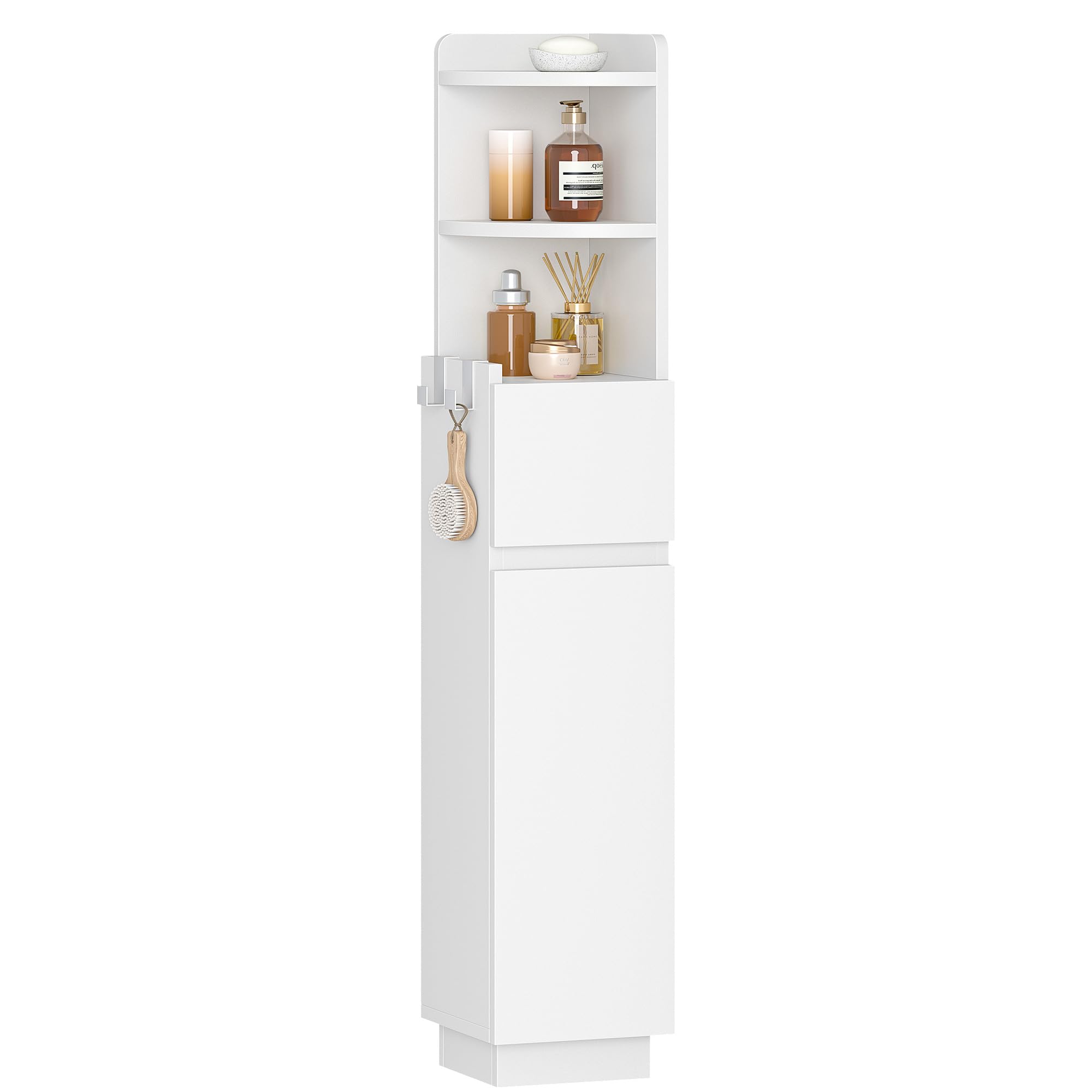 HEXCELEN Meuble de Salle de Bain, Armoire de Salle de Bain d'angle, Blanc | Armoire de Toilette, 20 x 20 x 98 cm, Étagères Réglables, 1 tiroir et 2 Compartiments Ouverts, Meuble Colonne sur Pied