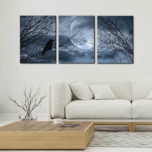 Pacimo WALLART-3P-SAN-01 3 Pieces Canvas Art Wall Decor Full Moon Halloween Pictures Black And White Wall Art Painting Prints On Canvas Modern Artwork Stretched And Framed Ready To Hang thumb #1