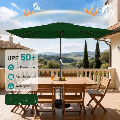Image of AreShark 8' X 10' Rectangular Patio Umbrella with Solar Lights, Lighted Solar Umbrella with Crank, Outdoor Table Umbrella for Garden, Deck, Backyard, Pool and Beach, Dark Green