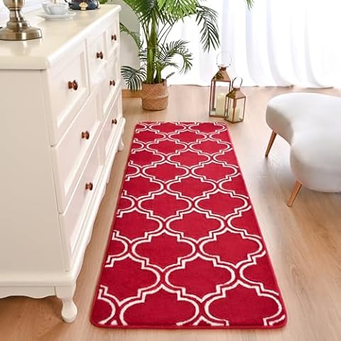 Amearea Fluffy Trellis Hallway Runner Rug, Indoor Soft Fuzzy Moroccan Geometry Rugs for Bedroom, Shaggy Modern Entryway Rug for Laundry Kitchen Room, Easy Clean, Home Decor Carpet, Wine Red 2x6 Feet Cover