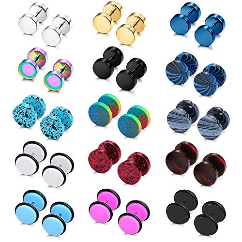 sailimue 15 Pairs Mens Stud Earrings Set Stainless Steel Ear Piercing Faux Cheater Illusion Plugs Tunnel Flat Back Stud Earrings Fake Gauges Earrings for Men Women