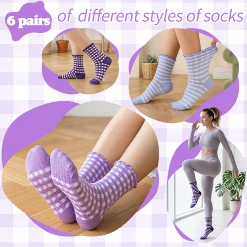 Image of 6 Pairs Women Ruffle Striped Frilly Socks, Cute Checkered Ankle Sock for Women Cotton Knit Casual Crew Socks