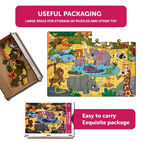 Image of Mini Leaves 48 Piece Wooden Puzzle for Kids & Adults - Wild Safari Jigsaw Puzzle - Fun & Challenging Floor Wooden Puzzle Game - Gift for Adults and Kids - Safe & Durable Educational Toys