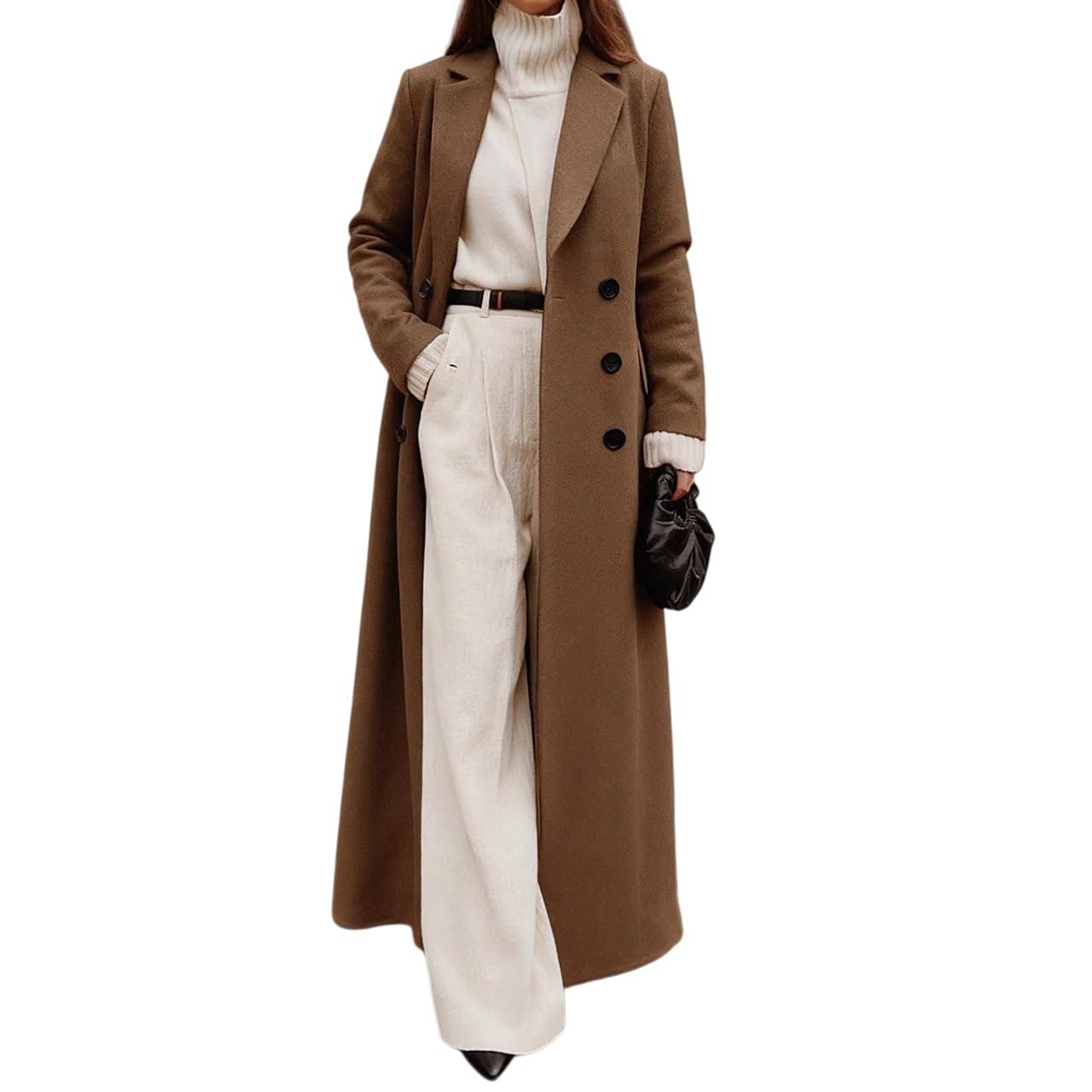 Langer Wollmantel für Damen, Khakifarben, Doppelreihiger Blazer mit Fallendem Revers, Herbst Winter, Wollmischung, Eleganter Maxi Mantel, Stilvoller, Eleganter Arbeitsmantel mit Tasche