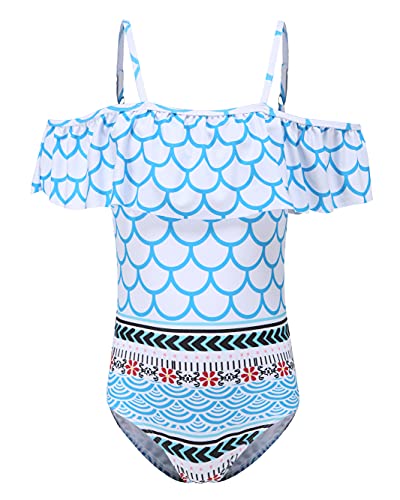 Image of Girls One Piece Swimsuits Off Shoulder Bathing Suit Kids Hawaiian Floral Swimwear 3-16 Years