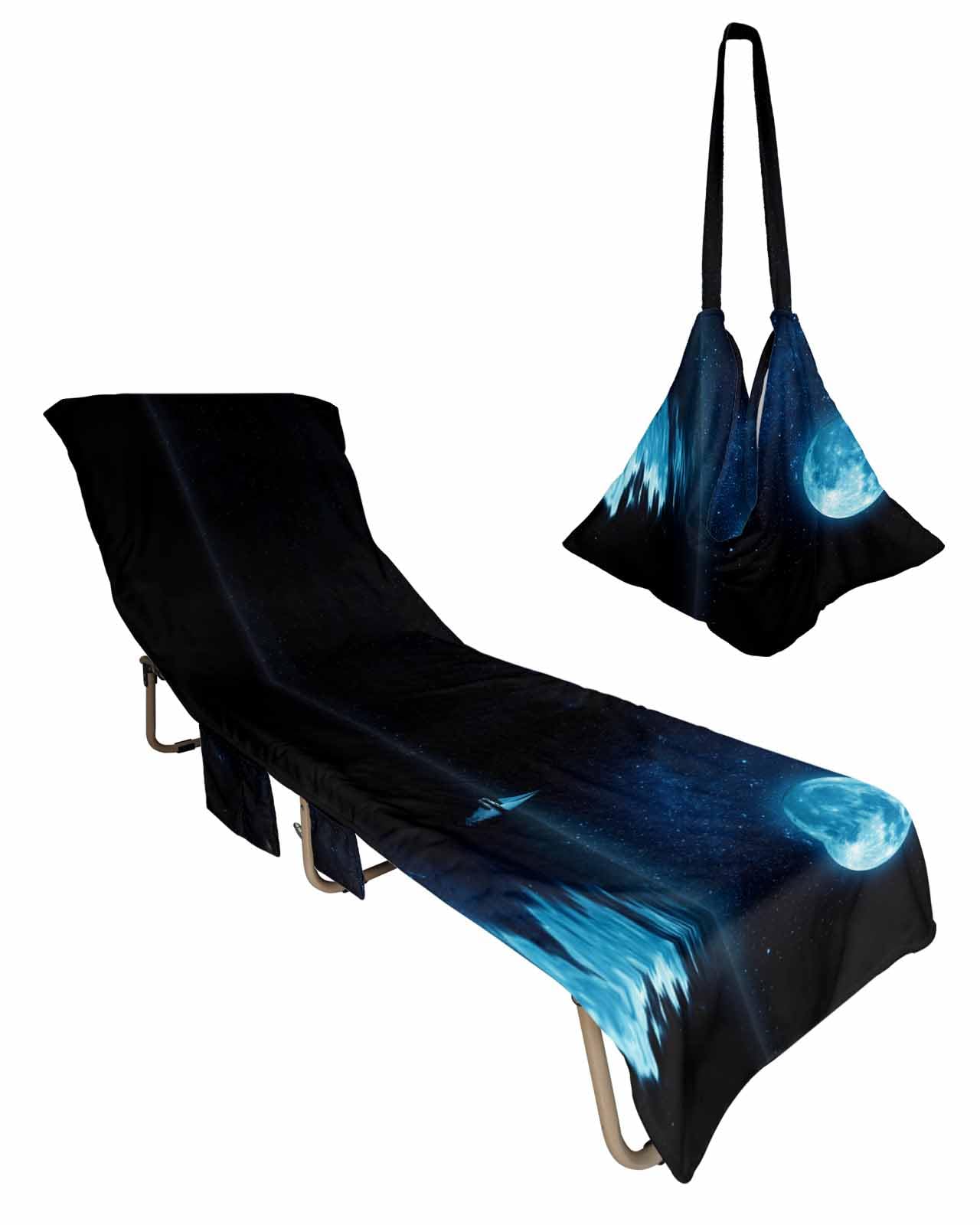 Nautical Sailboat Beach Chair Towel Covers for Chaise Lounge With Side Pocket, Soft Plush Pool Towels Cover for Patio Sunbathing Outdoor 29''x85'' Summer Night Moon Natural Landscape