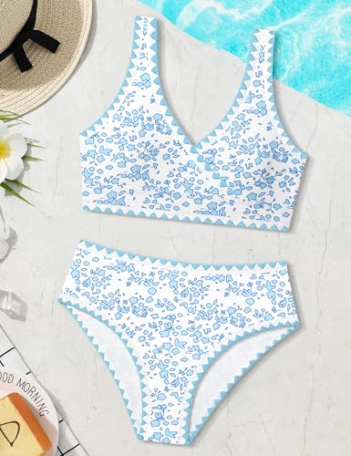 Image of KANGKANG Girls Swimsuit Bikini Set Solid Color V-Neck Two Piece Bathing Suit with Chest Pad Adjustable Straps Swimwear 7-16T