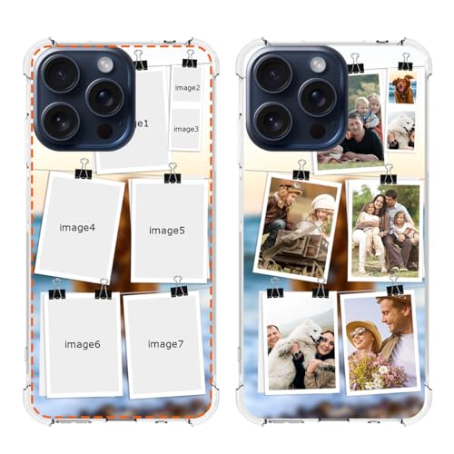 Klsify Custom Multi Photos Collage Phone Case for iPhone 15 Pro Max Customized Personalized Multiple Image Text Picture Shockproof Protective Reinforced Corner Airbag Clear Soft Cover Shell