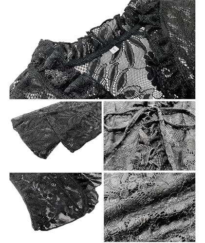 Image of xxxiticat Women's Long Sleeve Lace Top V Neck Ruffle Trim Hollow Out Front Open See Through Floral Tie Up Cardigan Shirt