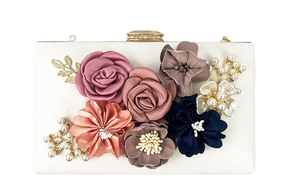 Shiiriin Women's 3D Floral Pearl Clutch Purse perfect for Bridal, Wedding, evening and Parties | 3D floral detail, Pearl accents, Hard case design,