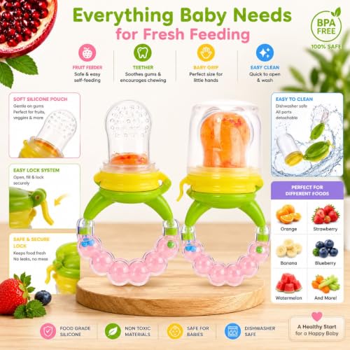 Image of Novo Baby Baby Fruit Feeder - Silicone Food & Fruit Nibbler with Extra Mesh, Soft Pacifier Feeder & Teether for Infants