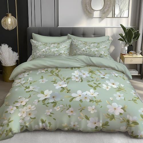 Housse de couette 140x200cm fleurs blanches parure de lit vert sauge - 3