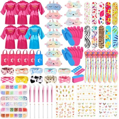 Suhine 6 Sets Girls Spa Birthady Party Supplies Birthday Print Satin Robe Tote Bags Spa Kit Nail Salon Kit