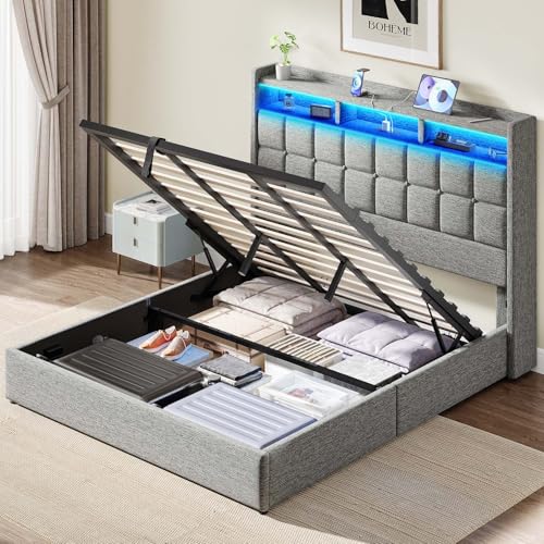 Driftalia Lift Up King Size Bed Frame with Storage, Upholstered King Bed Frame with Charging Station...