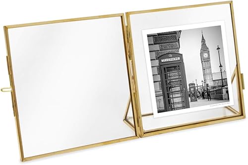 Miniatura 6 de Isaac Jacobs 4 x 4, oro antiguo, latón y vidrio estilo vintage, marco de fotos flotante, metal, (vertical), con cierre de medallón y base en ángulo,