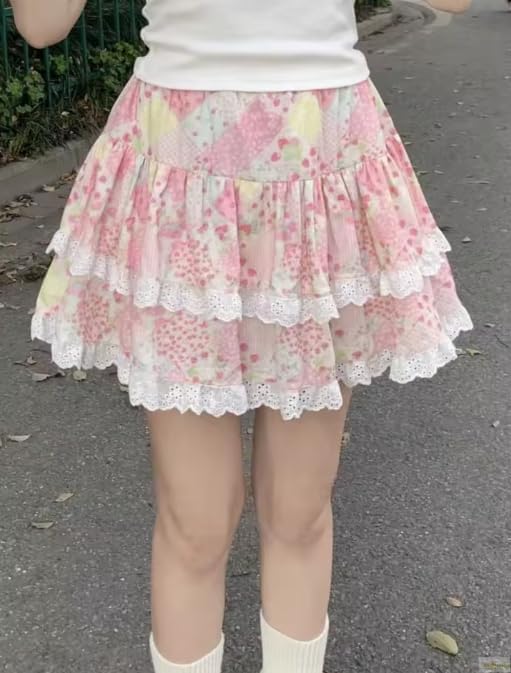 Women's Kawaii Skirts 2000s Vintage Y2k Clothing Pink A line Slim Lolita Mini Lace Skirts Sweet High Waist - Image 4