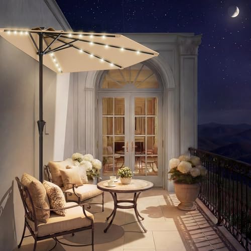 HOMSHADE 9FT Half Patio Umbrella with Solar LED Lights for Outdoor Waterproof Half Umbrella for Small Spaces Balcony Deck(Beige)