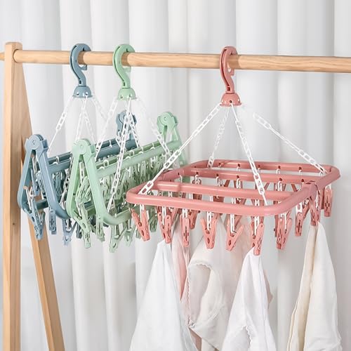 hautllaif Clothes Drying Hanger with 32 Clips, Foldable Design Multi-Functional Sock Dryer and Rotary Wind-sock hanger for washing line, Ideal Hanger for Socks, Underwear, Bras, Baby Clothes (Green) - Image 7