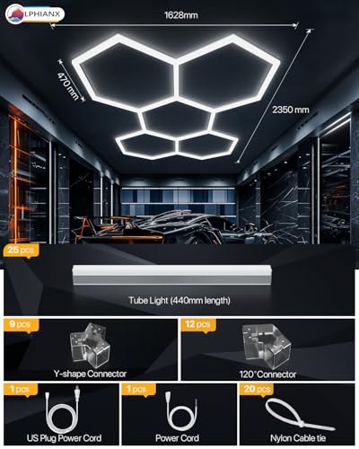 Lphianx Hexagon LED Garage Light, 25 Pack 200W 30000LM 6500K Hexagon LED Lights for Garage, Basement, Warehouse, Car Beauty Salon, Car Detailing Shop, etc Lphianx Hexagon LED Garage Light, 25 Pack 200W 30000LM 6500K Hexagon LED Lights for Garage, Basement, Warehouse, Car Beauty Salon, Car Detailing Shop, etc