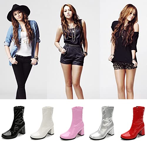 Women's Go Go Boots Mid Calf Block Heel Zipper Boots Costumes Disco Shoes Square Toe Short Booties4