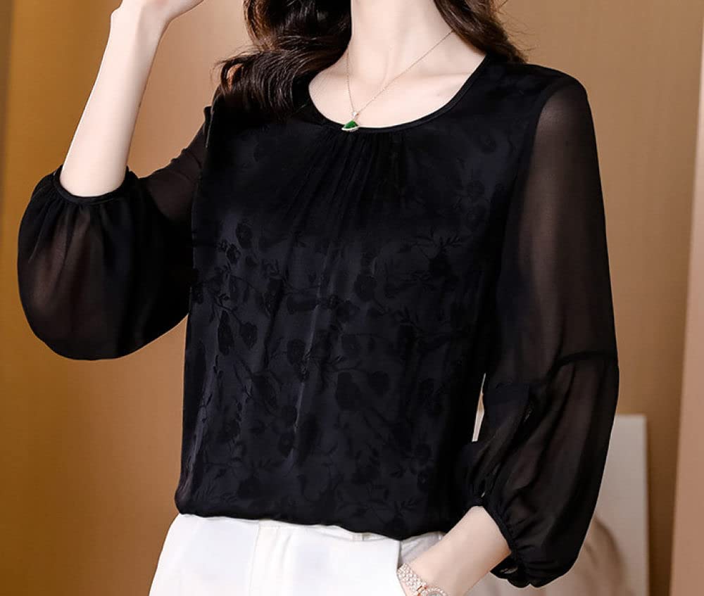 Damen-Hemd Mit Knopfleiste,Damen Retro Jacquard Rundhals Falten Tops Satin Bluse Shirt Fledermaus 3/4 Ärmel Tunika Chiffon Shirt Comfort Glossy Tops Casual Office Business Bluse Für Mädchen Damen