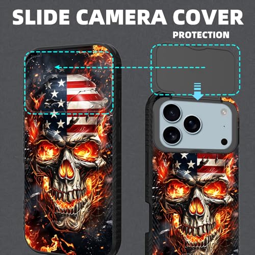 wiaekosef for iPhone 17 Pro Case Built in Slide Camera Lens Cover,Heavy Duty Shockproof Protection Dual Layer Case for iPhone 17 Pro 6.3'' 2025,American Flag Flame Skull - image 3
