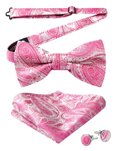 Image of HISDERN Bow Ties for Men Pre-Tied Bow Tie Floral Paisley Handkerchief Classic Formal Bowtie and Pocket Square Cufflinks Set