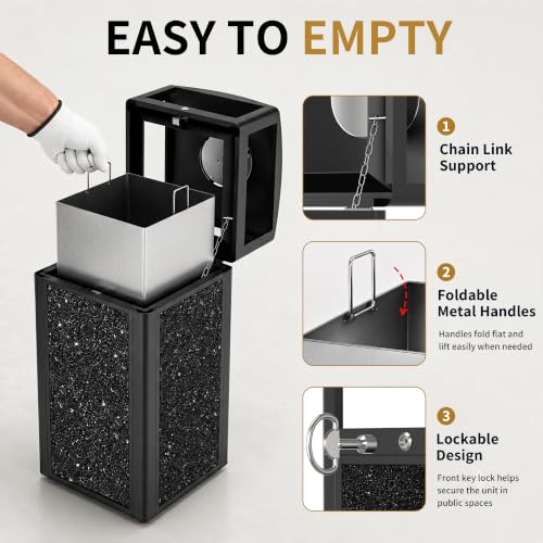 Image of Commercial Outdoor Trash Can with Ashtray and Lockable Lid | Heavy Duty，15 Gallon, Removable Inner Liner, Stone Composite Panels, Black