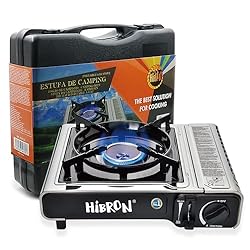 HIBRON Hornillo de Camping Portátil - Compacto, co...: Segura y portátil: Cocina certificada bajo la nueva normativa europea CE. Incluye maletín de transporte. Calidad premium: Fabricada en acero de alta calidad con parrilla esmaltada y deflector cortavientos. Encendido piezoeléctrico y compartimento cer...