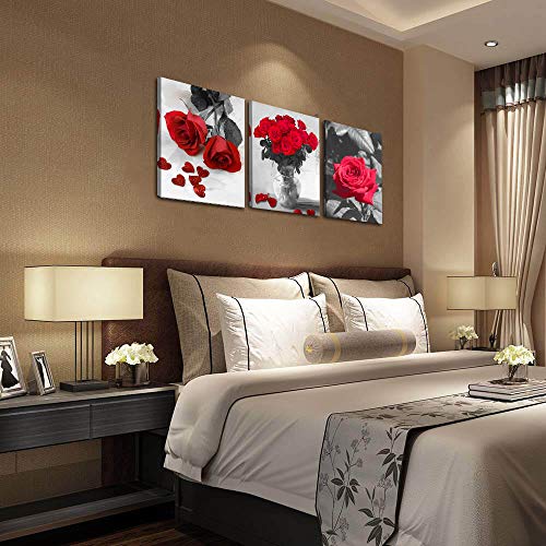Ardemy Red Rose Canvas Wall Art Flowers Pictures Bathroom Decor, Black White Florals Painting Modern Romantic Framed For Bedroom Living Room Dinning Room Kitchen Spa Wall Decor,12"X16"X3 Panels #TOP2