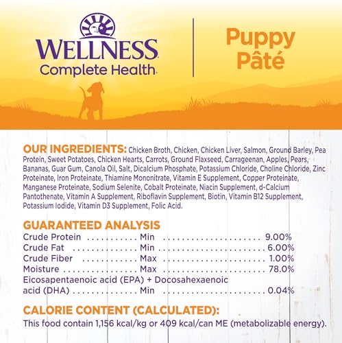 Image of Wellness Complete Health Pate Puppy Canned Wet Dog Food, Wholesome Grains, Natural, Chicken and Salmon Recipe, 12.5 oz, Pack of 12 Cans