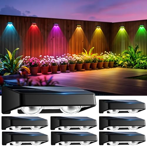 nibuuecer Solar Fence Lights 8 Pack 9 Colors & 11 Lighting Modes Solar Wall Lights Outdoor Waterproof IP65 RGB Color Changing Fence Lights Solar Powered for Garden Yard Patio Deck Step Patio Wall