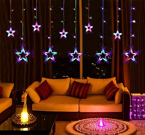Image of ZALAR LED neon Effect Star Made of Unbreakable Plastic Curtain String Lights, Warm White, Decorative Window Hanging Lights for Home, Party, Festival Like Diwali Christmas