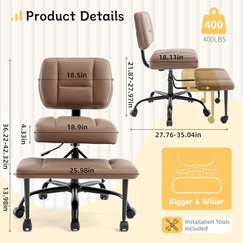 Image of Criss Cross Legged Office Chair with Wheels,Swivel Meditation Chair for ADHD,Ergonomic Cross Legged Desk Chair with Thicken Adjustable Footstool,PU Sitting Fidgeting Kneeling Chair for Home Yoga Brown