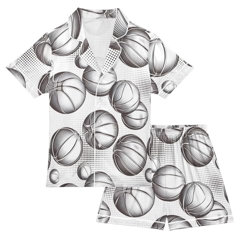ALAZA Basketball Abstract Cartoon Satin Pajamas Set Short Sleeve Button Down Sleepwear Summer Pjs 2 Piece