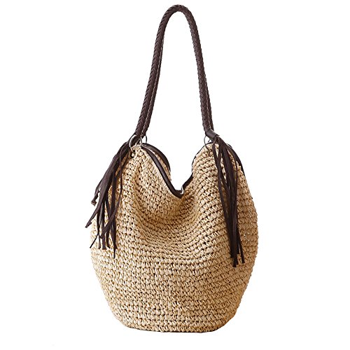 Mujeres Paja Bolsa de Hombro Verano Playa Bolsa Borlas Tote Bolsa Algodón Forro Top Manejar Hobo Shopper Bolso de Mano Bolsa de Cubo
